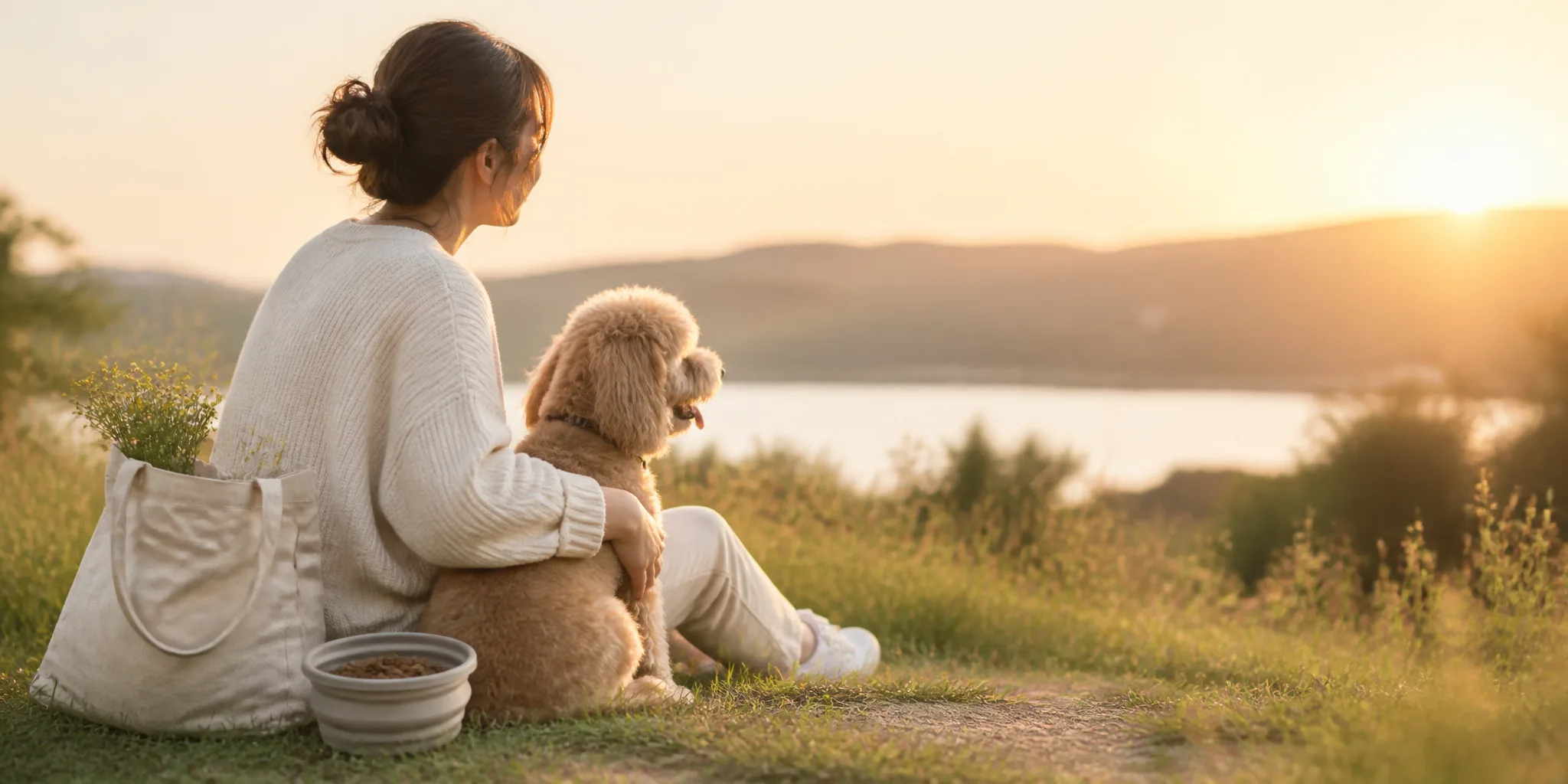 夕暮れの湖畔で寄り添う飼い主と犬