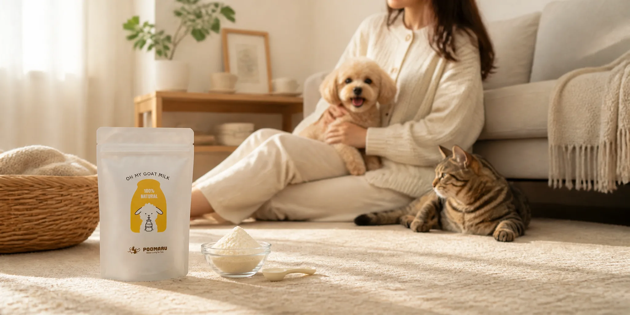 リビングでヤギミルクを楽しむ犬と猫